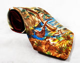 1940s Men's Hunting Theme Tie - 40s Rayon Novelty Print Necktie - Forest Scene Print Satin with Duck - Shotgun - Smoking Pipe - Woodland