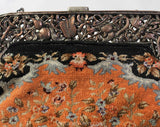 Victorian Inspired 1930s Purse - Peach Gray Black Floral Needlepoint Bag - Cutwork Metal & Stone Cabochons - Antique Look 20s 30s Handbag