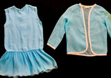 Girls Size 8 Flapper Style Dress - Mod 1960s Child's Blue Summer Sheath Pleated Skirt & Sheer Jacket - 60s Mini Go-Go Girl - Chest 29