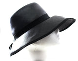 Very Fine Black Straw Hat from France - 1950s 60s Audrey Style Beautifully Crafted Millinery - Wide Saucer Bucket Brim with Grosgrain Trim