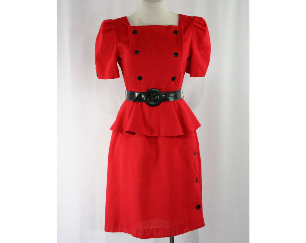 Size 6 Red Dress & Black Belt - 1940s Inspired 80s Design Size 6 Red Dress & Black Belt - 1940s Inspired 80s Design
