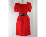 Size 6 Red Dress & Black Belt - 1940s Inspired 80s Design - Short Sleeved Square Neck 1980s Office Style - Peplum Buttons - Waist 25.5