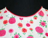 1950s Child's Pink Apron - Pom Pom Flowers - Smock Style Top - Girls Size 8 to 10 - 50s Fuschia Floral Deadstock - Rick Rack - 38007