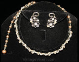 Pretty Floral Motif Necklace & Earrings by Lisner - Silvertone Silver Color Metal - 1950s Demi Parure - Faux Pearls - Rhinestones - 32091-1