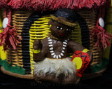 Rare 1950s Novelty Figural Purse - Tiki Hut & Native Drummer Scene - Raffia Roof Lid - Hand Painting - Kitsch 50s Summer Resort Hand Bag