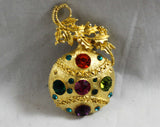 1950s Holiday Pin - Christmas Ornament Brooch - 50s Festive Jeweltone Rhinestones Jewelry - Goldtone - Orange Fuchsia Green Purple Gold