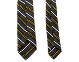 50s Men's Skinny Tie - 1950s Brown Black Ivory & Goldenrod Striped Necktie - Diagonal Stripes - Mid Century Office Wear - Handsome Fabric