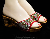 Size 6 Carved Wood 1940s Platform Shoes - Tiki Hut Wooden Heels - World War II Asian Souvenir - Red Beadwork - 40s Pin Up Lounge Sandal