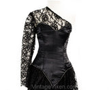 XXS 1980s Bare Shoulder Dress - Sexy One-Shoulder 80s Party Dress - Black Satin & Lace with Rhinestones - 80's Club Girl - Bust 30.5