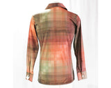 Men's Small Disco Shirt - 1970s Brown Pixel Print Casual Long Sleeve Shirt - 70s Pixellated Squares - Deep Chest Baring V Neck - Chest 40