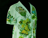 Size 12 Butterflies 1960s Dress - Aqua Blue Green Short Sleeve Large 60s Sheath - Botanical Kitsch Border Print - Short Sleeve Spring Summer
