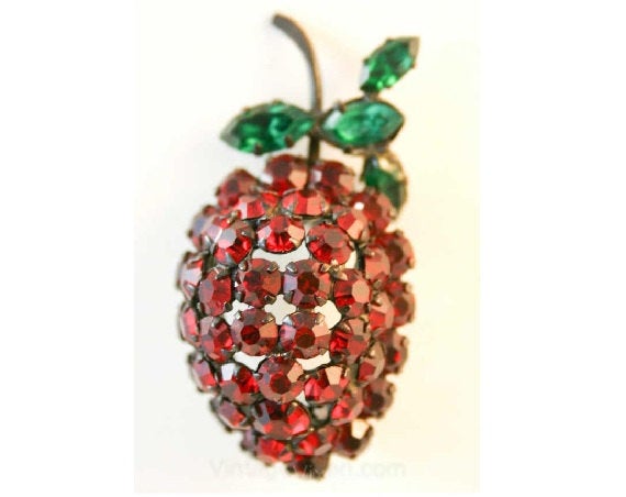 Delectable Berry Rhinestone Pin - Made In Austria - Winter Brooch - Red & Green Holiday Colors - 1950s Novelty Fruit - Domed Shape - 38369