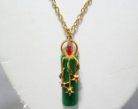 60s Modern Christmas Candle Necklace Pendant & Chain - Celestial Rhinestone Stars - 1960s Art Company - Holiday Jewelry - Enamel on Metal