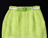 Size 4 Apple Green Skirt - 1960s Pistachio Faux Linen Tweed Office Skirt with Preppie Ribbon Belt - 60s NOS Deadstock with Tag - Waist 24.5