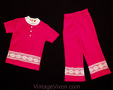 1960s Toddler Girls Pant Set - Size 3T Girl's Polyester Outfit - 60s 70s Fuchsia Pink Tunic Top and Bell Bottoms with Lace - NWT Deadstock