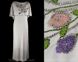 Size 10 Mr Blackwell Evening Dress - 1970s Pale Gray Jersey Designer Formal Gown with Lavish Beadwork Flowers & Rhinestone Bow - Bust 36.5