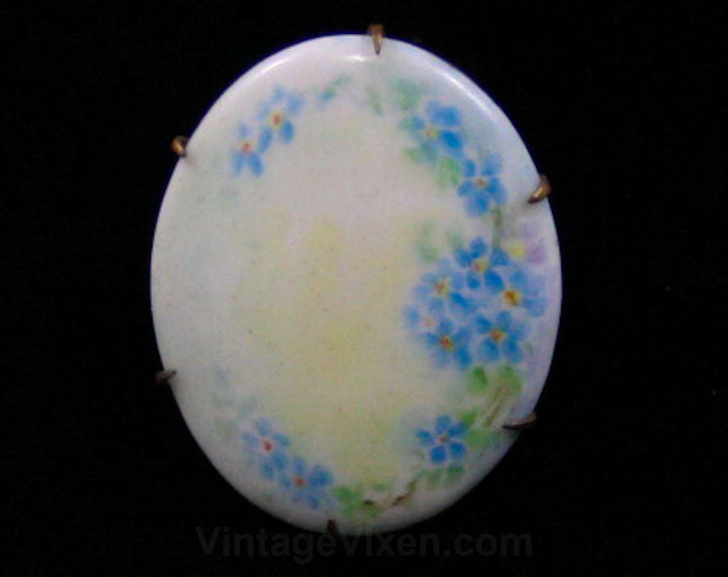 Antique Brooch - Hand Painted Blue Flowers - 1900s Victorian Edwardian White Porcelain Oval Shaped Pin - Quaint - Sweet - Innocent - 42509