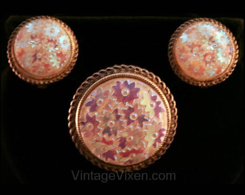Opalescent Lustre Starflower Earrings & Dress Clip - Pink Pastel Glass 1950s Floral Motif - 50s Demi Parure - Pearlescent - 33999
