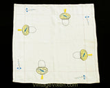 Asian Lanterns Tablecloth - 40s 50s Eastern Garden Origami Lights Embroidery on Square Linen Bridge Table Cloth - Yellow White Blue Pockets