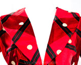 Size 6 1950s Dress - Red Polka Dot Plaid Summer Frock - Fitted Bodice & Full Skirt - 50s Black Tartan Silk Blend Dress - NWT - Waist 26