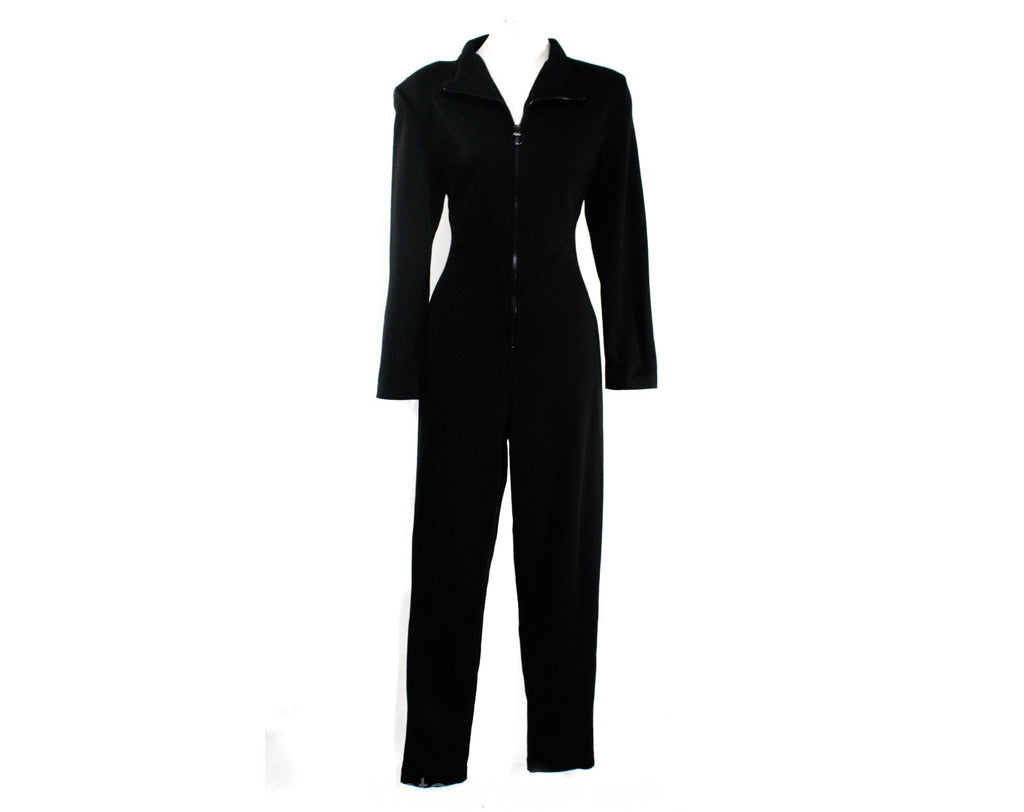 Size 10 Black 1980s Catsuit - Powerful Iconic Grace Jones Style 1-Piece Pantsuit - Medium 80s 90s Jumpsuit - Knit with Zip Front - Deadstock