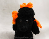 1950s Poodle Stuffed Animal - Black French Poodle Dog Toy - 50s 60s Cute Classic Mid Century Kitsch - Orange Yarn Ribbons - Fifi Stuffie
