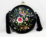 Asian Bird Evening Purse - 60s 70s Formal Handbag - Beautiful Embroidery - Fine Black Satin Bag with Shoulder Strap - Turquoise Pink Orange