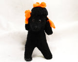 1950s Poodle Stuffed Animal - Black French Poodle Dog Toy - 50s 60s Cute Classic Mid Century Kitsch - Orange Yarn Ribbons - Fifi Stuffie