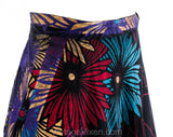Size 10 1970s Wrap Skirt - Casual 70s Medium Black Jeweltone Deco Floral Cotton - Summer Gypsy - Rouge Turquoise Purple Gold - Waist to 30