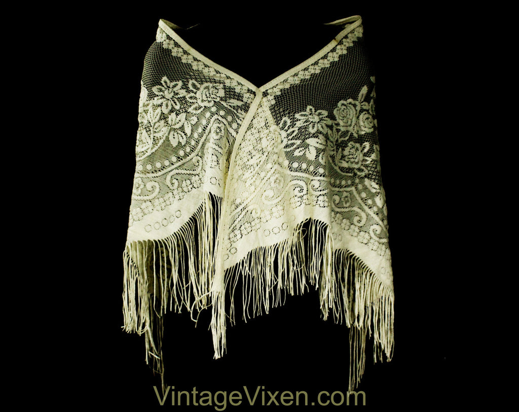 70s Antique Style Fringed Shawl - Ivory Chenille & Mesh Net - 1970s Victorian Look Roses and Flourishes with Fringe - Bohemian Beautiful