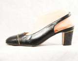 US Size 9 Celine Designer Shoes - Classic Black Leather Pumps with Patent Toe Caps & Brass Chain Detail - Euro Size 40 1/2 - 1990s High End
