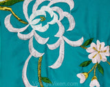 Size Medium Asian Robe - 1960s 70s Turquoise Kimono Style Lounge - Vivid Blue with Metallic Gold Embroidery - Far East Flowers - Bust to 44