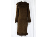 Size 8 Brown Sweater Coat - 1990s Boucle Knit Long Jacket - Knee Length Fall Winter Layer with Fluffy Chenille Collar & Cuffs - Bust 38