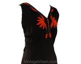 Size 6 Black 1930s Evening Dress with Gorgeous Red Beading - Art Deco Tropical Leaves Beadwork - Late 1920s Early 30s Flapper Party Gown