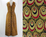 Size 10 Summer Dress - 1960s Peacock Feather Ovals Sleeveless Maxi Shift - 60s Tiki Bohemian Chic - Maroon Tan Black Long Dress - Bust 37