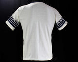 Men's Small Souvenir T Shirt - 80s Piedmont Airlines Tee - White Cotton Knit with Navy Blue Stripes - Short Sleeved V Neck - Chest 36