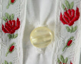 Size 14 1950s White Cotton Shirt with Scarlet Flowers - Large 50s Tailored Blouse - Red Brocade Ribbon - 3/4 Sleeves - Quaint Summer Top
