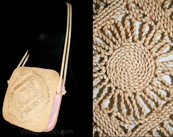 60s Large Summer Beach Bag - Resort Chic 1960s Braided Natural Jute Satchel with Rope Straps - Large Tote Pink Lining - Made In Hong Kong