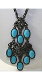 Bohemian 1970s Pewter Turquoise Blue Necklace & Earrings - Fall 70s Boho Demi Parure - Striking Southwest Tribal Abstract Metalwork - 38501
