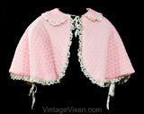1950s Bed Jacket Cape - Pastel Pink Quilted Nylon - 50s Breakfast Coat Bedjacket - Femme Bo Peep Style Capelet - Ribbon Ties - Bust up to 40