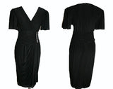 Size 6 Black Dress -Vintage Vixen Cocktail with Wrap Style Rhinestone Waist - 1940s Inspired Jersey Dress - 80s Does 40s - Bust 34 - 31614