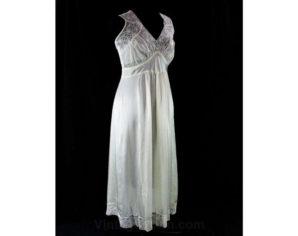 Size 14 Authentic 1930s White Satin Nightgown - Bias Cut Glamour - Gorgeous Details - Pastel Rosettes Pretty 30s Lingerie - Bust up to 42