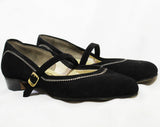 Size 5 Black Mary Jane Shoes - 1950s Suede Rounded Toe Strap with White Stitching - 5B 50's Swing Style Deadstock - Stacked Wooden Heels