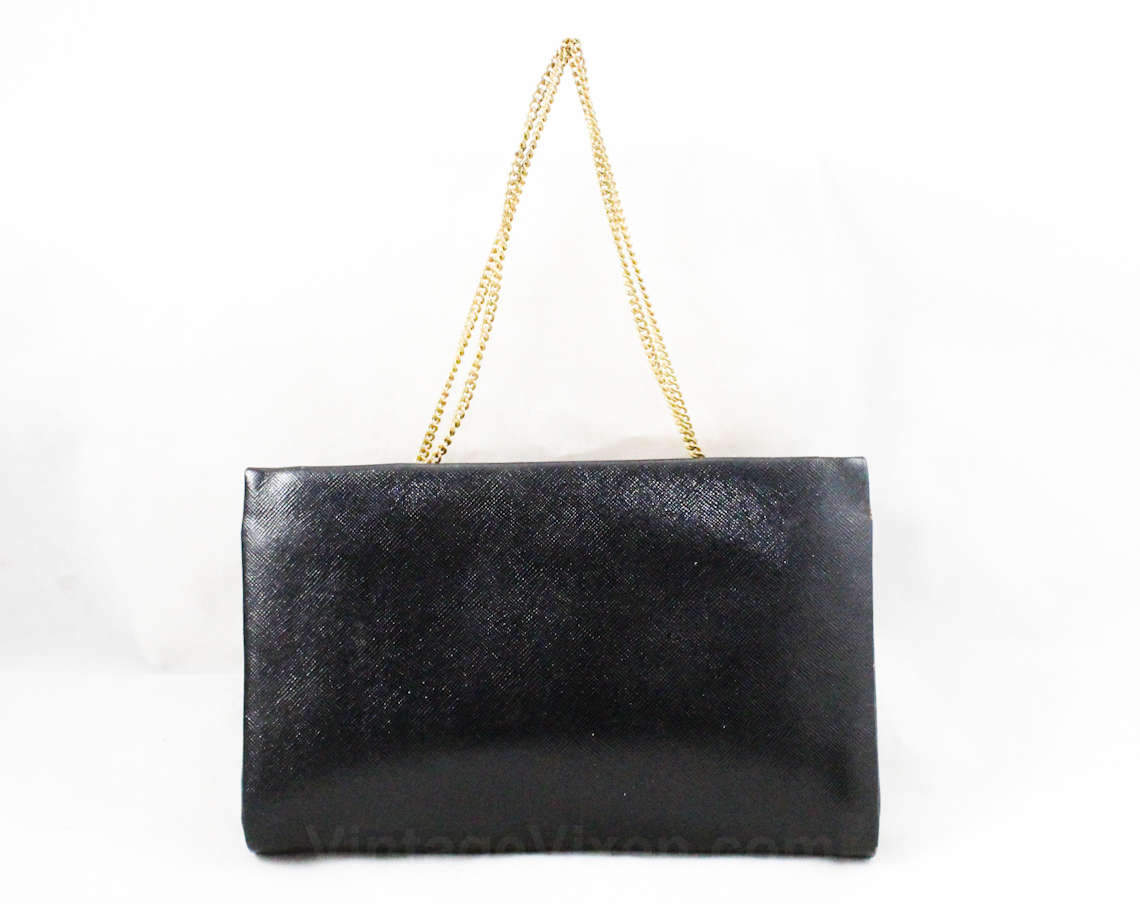 1950s Black Leather Purse - Elegant Cross-Hatched Fine Leather Bag
