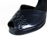 Size 5 1940s Peep Toe Shoes - Open Toe Navy Blue Leather Heels with Ribbon Candy Eyelet Cutwork - 40's Pin Up Pumps - 40s NOS Deadstock