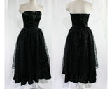 Size 2 Strapless Dress - 1950s Inspired Black Satin & Lace Cocktail - XS Sexy Boned Bodice - Flounced Full Skirt - 1980s 1990s - Bust 32.5