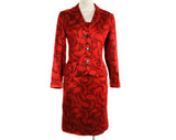 Size 0 Designer Rudi Gernreich 1960s Red Paisley Cocktail Dress & Jacket - XXS 60s Brocade Evening Suit - Slim Fitted Posh - Bust 31.5