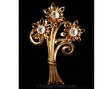 Feminine 1940s Rhinestone Flower Bouquet Pin - Gold Color Metal Brooch - Goldtone 40s World War II Era - Deco Style Flowers - 36397-1