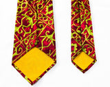 60s Christian Dior Tie - Mens 1960s Designer Necktie - Fine Maroon Chartreuse & Olive Silk - Tiki Primitive Print - Manhattan NY Men's Label