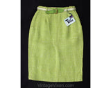 Size 4 Apple Green Skirt - 1960s Pistachio Faux Linen Tweed Office Skirt with Preppie Ribbon Belt - 60s NOS Deadstock with Tag - Waist 24.5